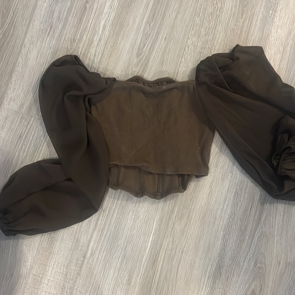 Brown green corset top with mesh sleeve - Picture 2 of 2